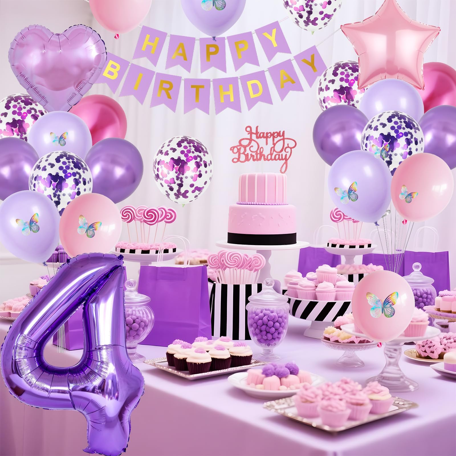 Vibzox Pink Purple 4th Birthday Decorations Set with Balloons, Banner, Cake Topper, and Butterfly Decor
