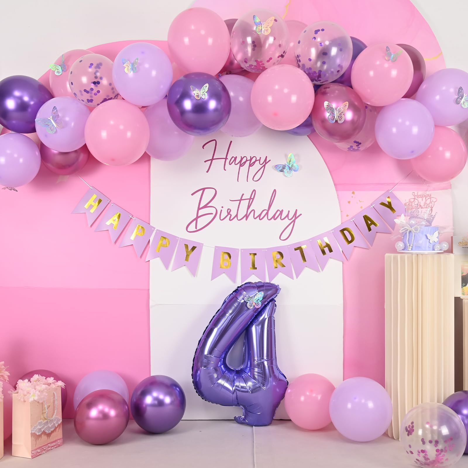 Vibzox Pink Purple 4th Birthday Decorations Set with Balloons, Banner, Cake Topper, and Butterfly Decor
