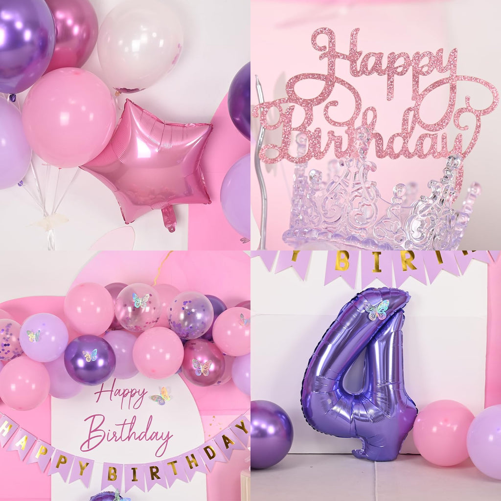 Vibzox Pink Purple 4th Birthday Decorations Set with Balloons, Banner, Cake Topper, and Butterfly Decor