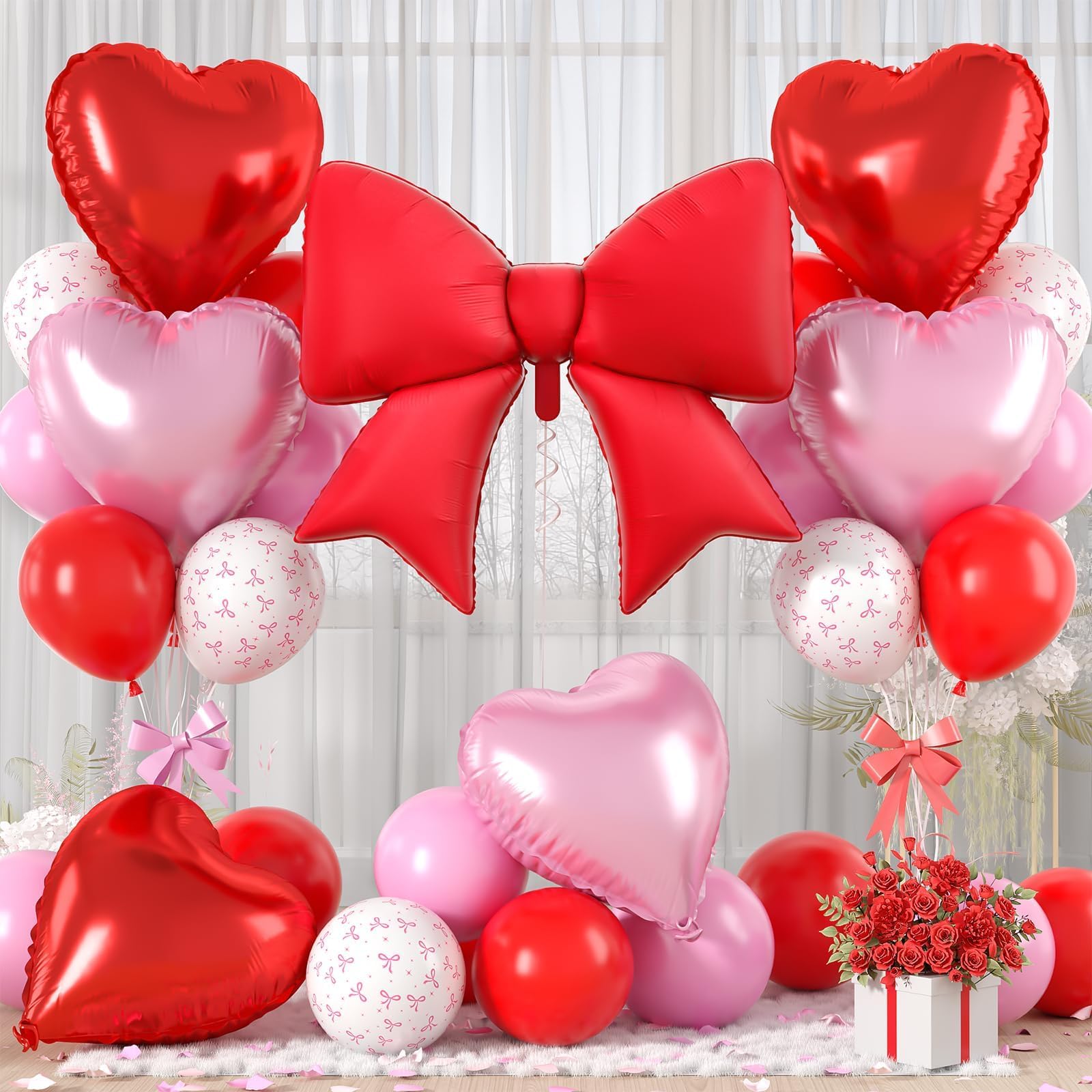 Vibzox Red Bow Balloon Set – 38" Foil Bow & Heart Balloons for Parties