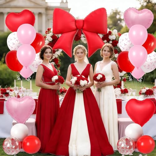 Vibzox Red Bow Balloon Set – 38" Foil Bow & Heart Balloons for Parties