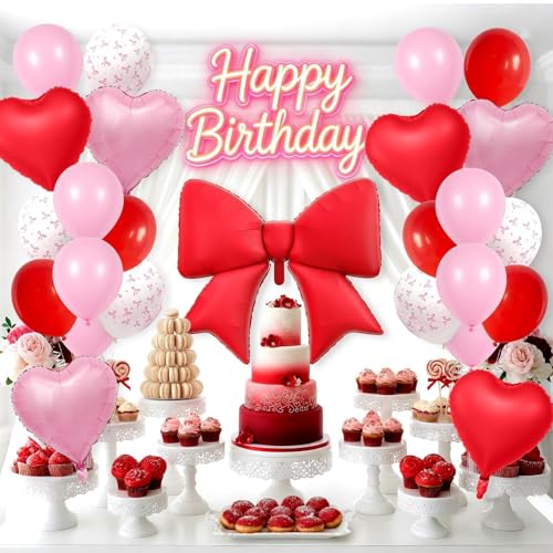 Vibzox Red Bow Balloon Set – 38" Foil Bow & Heart Balloons for Parties