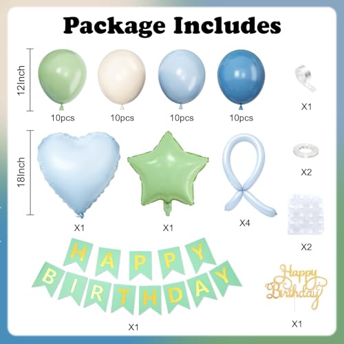 Vibzox Sage Green and Blue Birthday Decorations Set – 40 Latex Balloons, Foil Heart & Star, Banner, Cake Topper