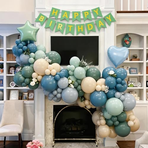 Vibzox Sage Green and Blue Birthday Decorations Set – 40 Latex Balloons, Foil Heart & Star, Banner, Cake Topper