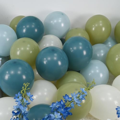 Vibzox Sage Green and Blue Birthday Decorations Set – 40 Latex Balloons, Foil Heart & Star, Banner, Cake Topper