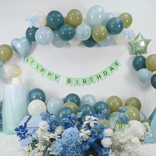 Vibzox Sage Green and Blue Birthday Decorations Set – 40 Latex Balloons, Foil Heart & Star, Banner, Cake Topper