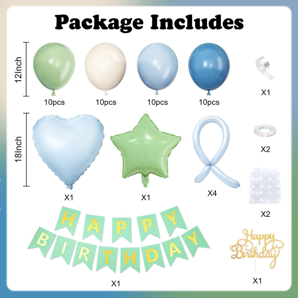 Vibzox Sage Green and Blue Birthday Decorations Set – 40 Latex Balloons, Foil Heart & Star, Banner, Cake Topper