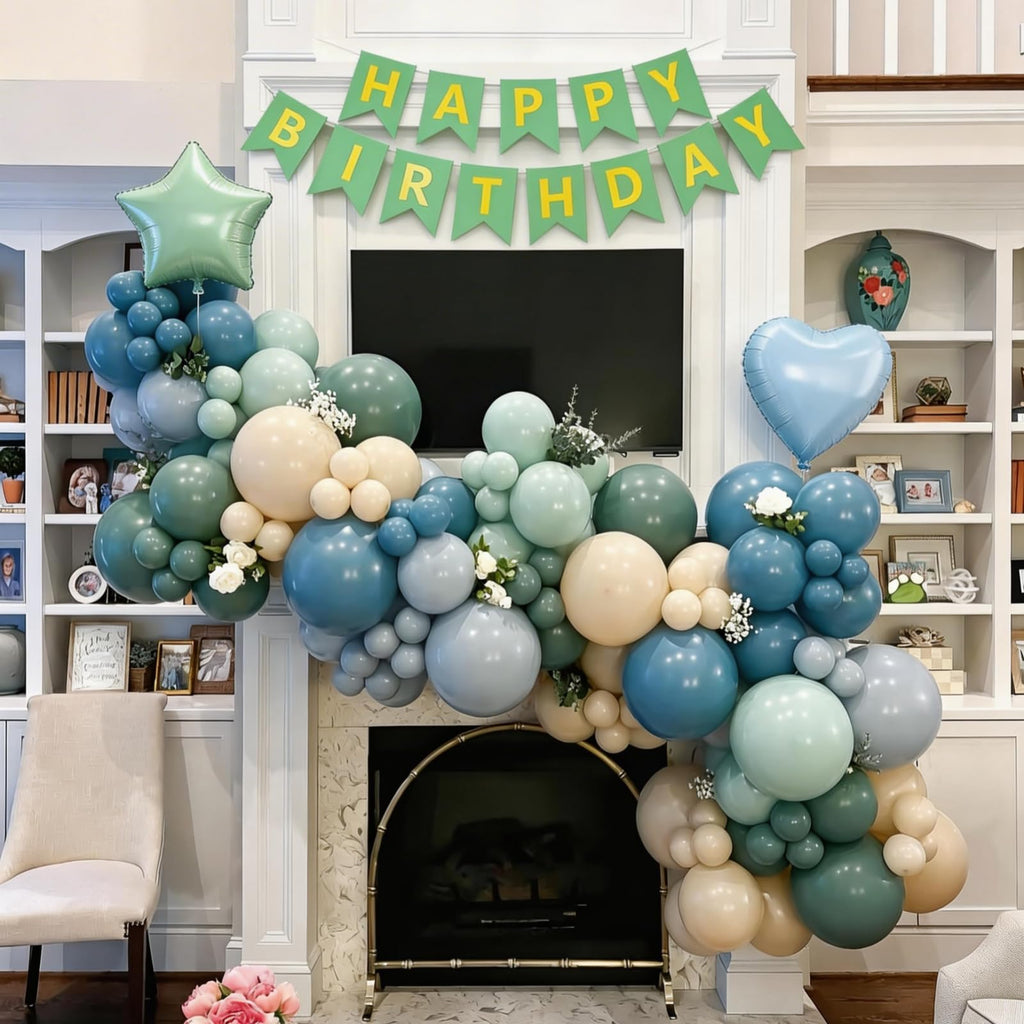 Vibzox Sage Green and Blue Birthday Decorations Set – 40 Latex Balloons, Foil Heart & Star, Banner, Cake Topper