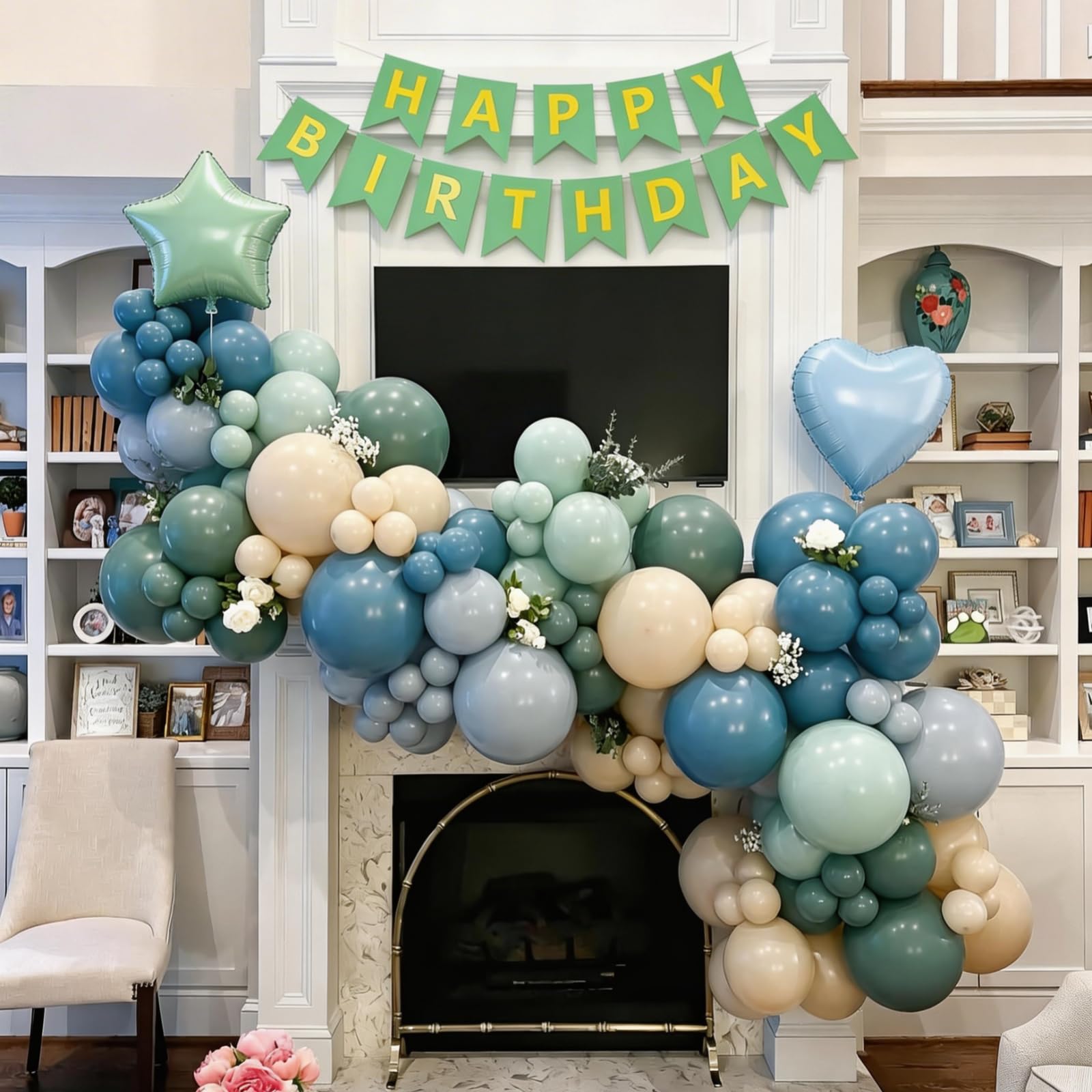 Vibzox Sage Green and Blue Birthday Decorations Set – 40 Latex Balloons, Foil Heart & Star, Banner, Cake Topper
