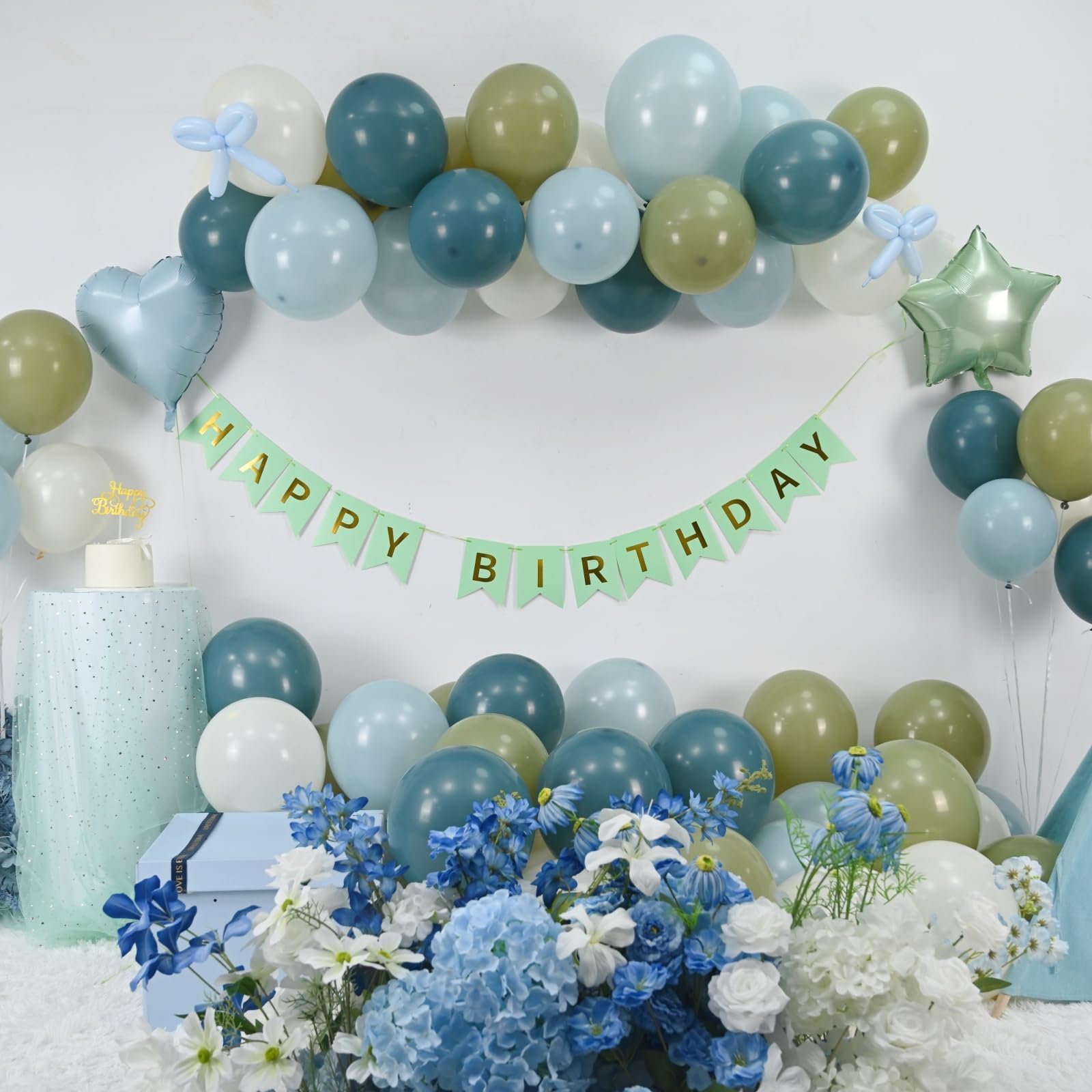 Vibzox Sage Green and Blue Birthday Decorations Set – 40 Latex Balloons, Foil Heart & Star, Banner, Cake Topper