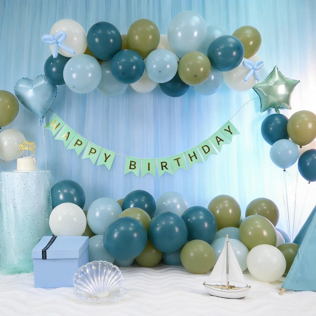 Vibzox Sage Green and Blue Birthday Decorations Set – 40 Latex Balloons, Foil Heart & Star, Banner, Cake Topper