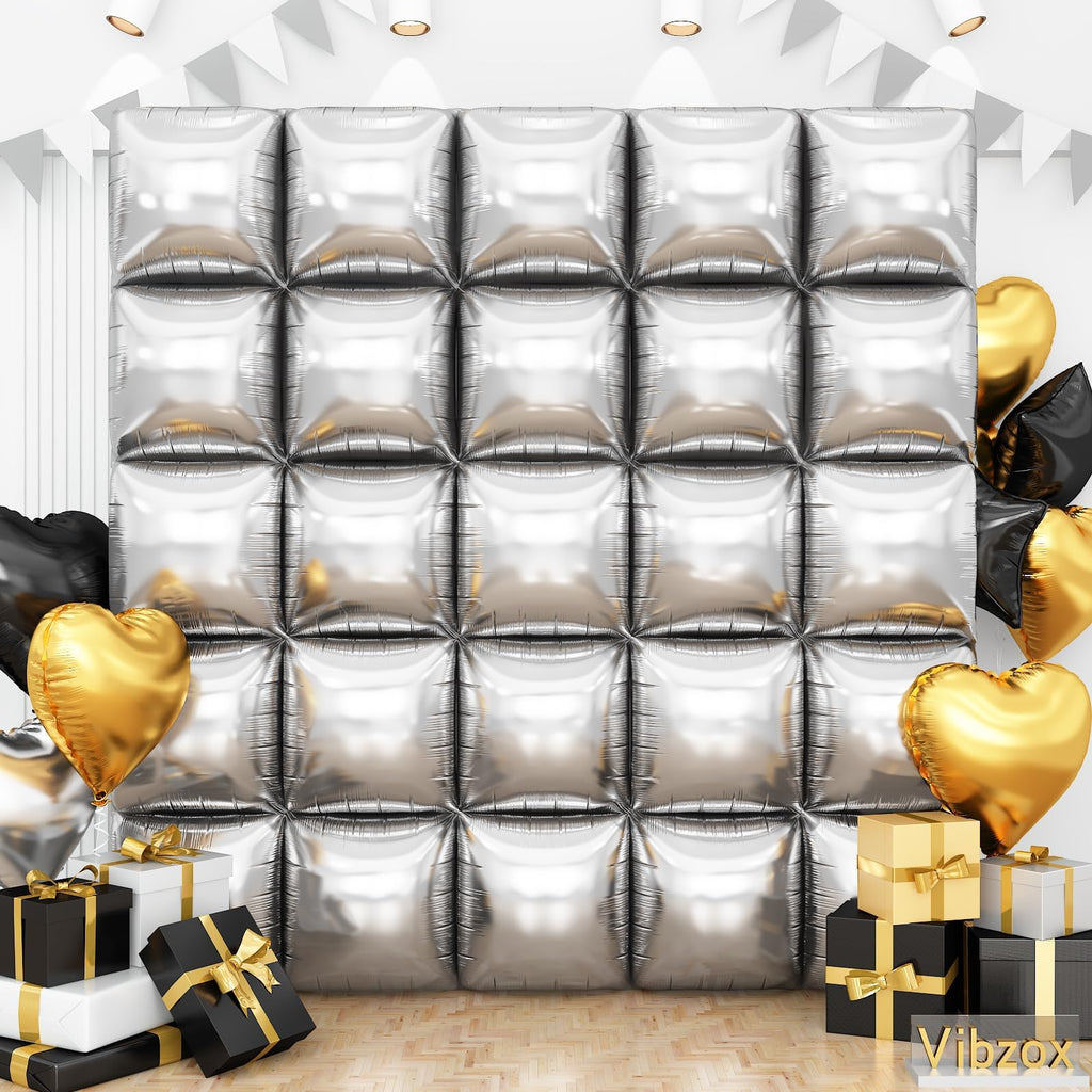 Vibzox Silver Square Foil Balloon Wall Kit – 25 Double-Sided 19-Inch Chrome Balloons for Arch, Tunnel, or Backdrop