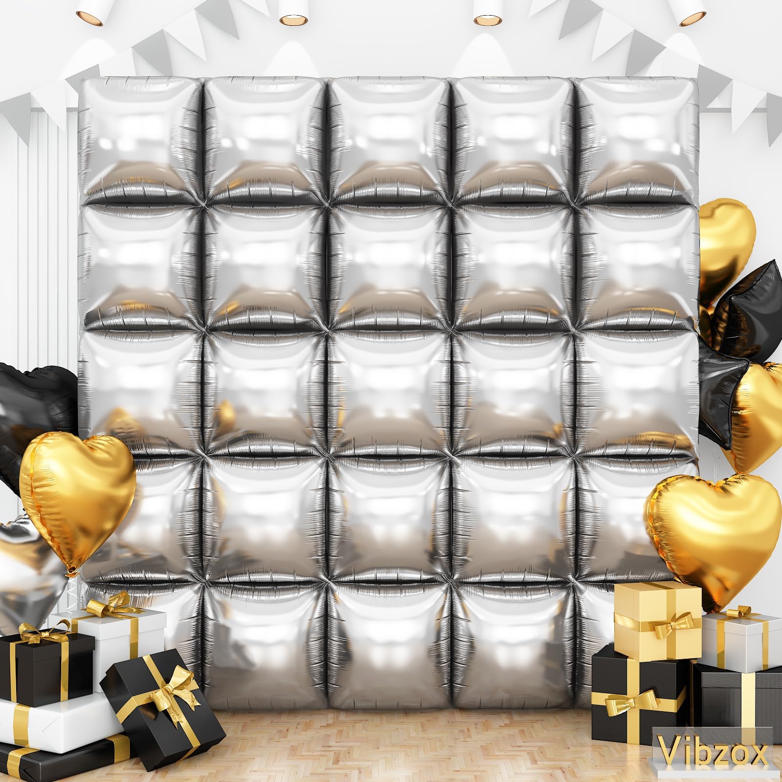 Vibzox Silver Square Foil Balloon Wall Kit – 25 Double-Sided 19-Inch Chrome Balloons for Arch, Tunnel, or Backdrop