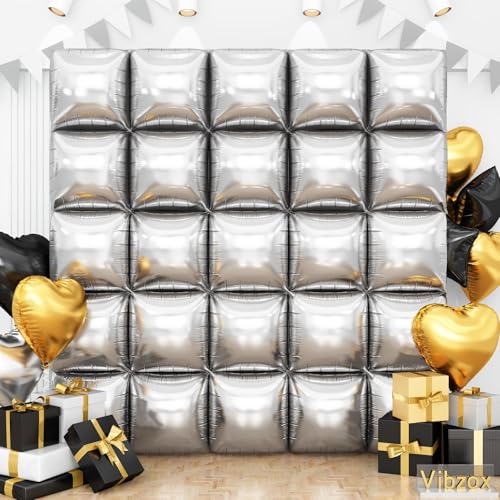 Vibzox Silver Square Foil Balloon Wall Kit – 25 Double-Sided 19-Inch Chrome Balloons for Arch, Tunnel, or Backdrop