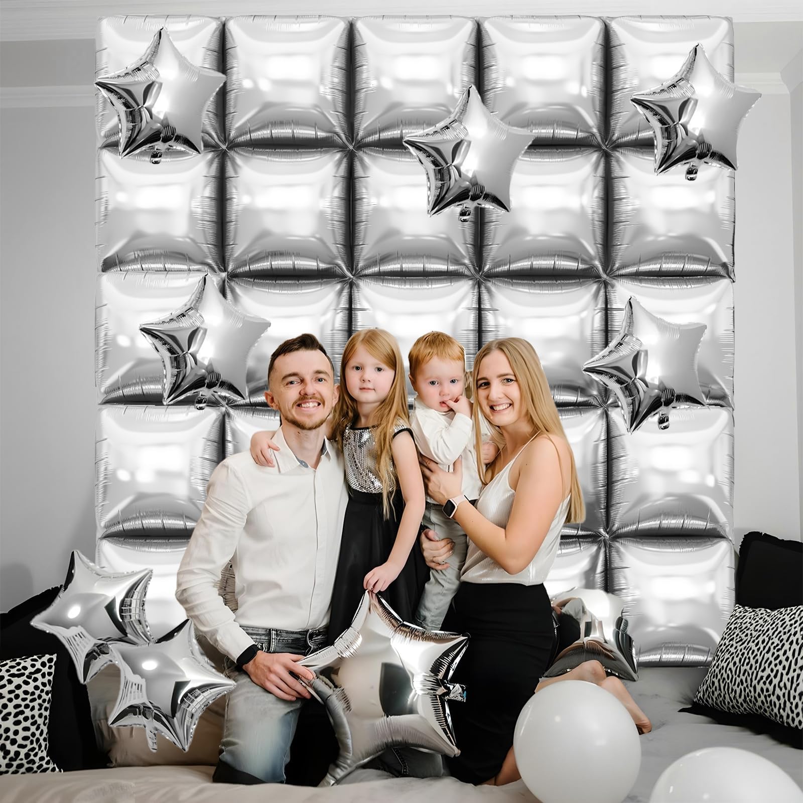 Vibzox Silver Square Foil Balloon Wall Kit – 25 Double-Sided 19-Inch Chrome Balloons for Arch, Tunnel, or Backdrop