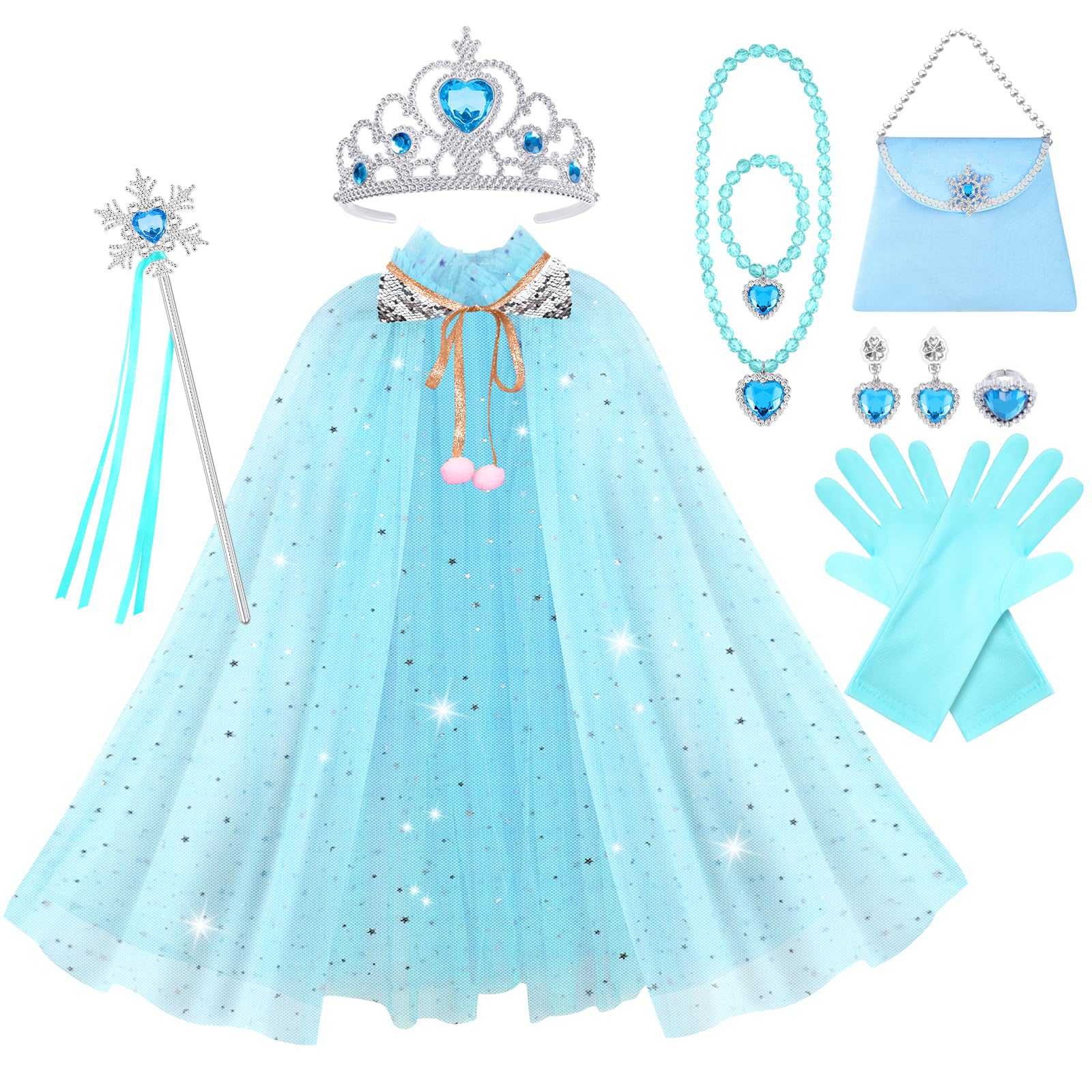 Vicloon 11-Piece Princess Dress-Up Set with Cape, Crown, Wand, and Jewelry for Girls Ages 3+ (Blue)