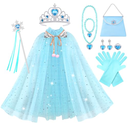 Vicloon 11-Piece Princess Dress-Up Set with Cape, Crown, Wand, and Jewelry for Girls Ages 3+ (Blue)
