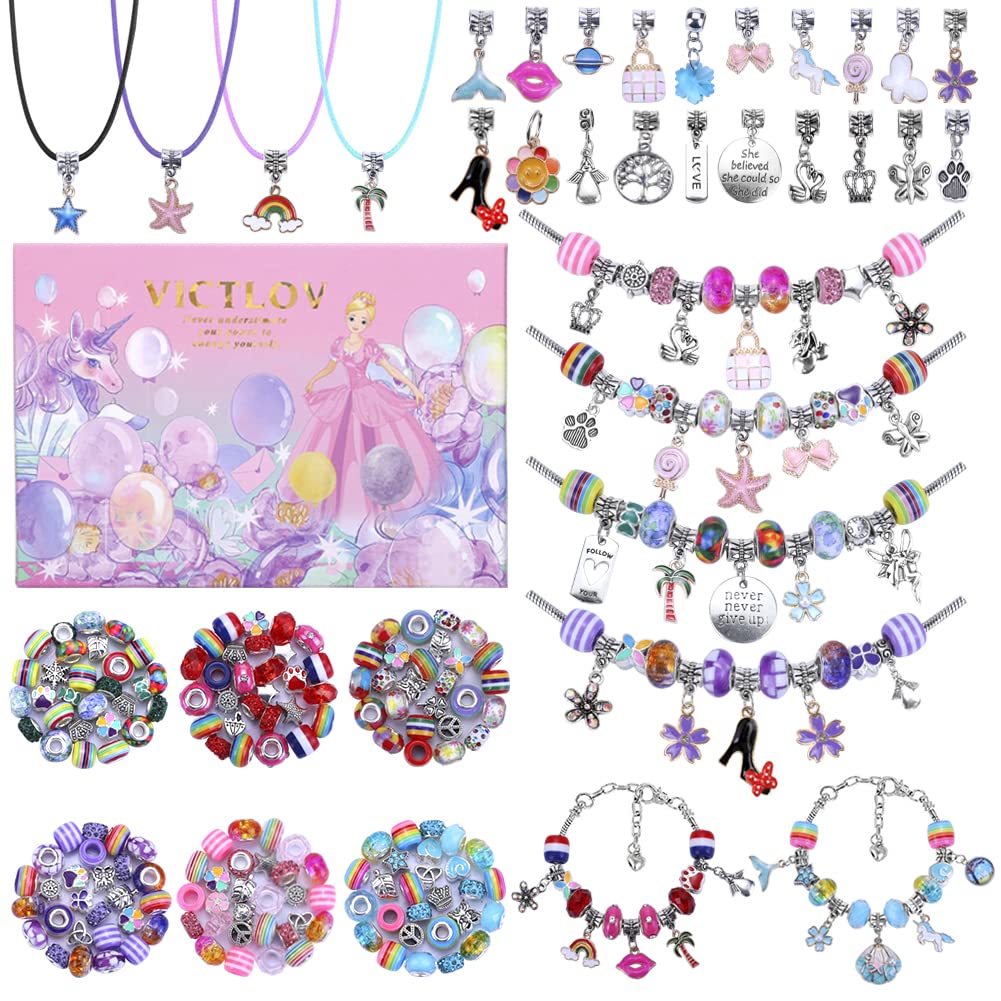 VICTLOV Charm Bracelet Making Kit - 126 Piece DIY Craft Set for Girls Ages 4-12 with Unicorn and Mermaid Beads