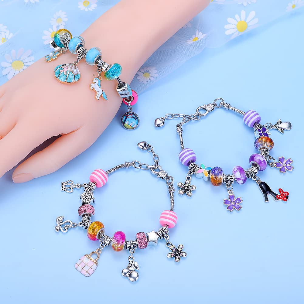 VICTLOV Charm Bracelet Making Kit - 126 Piece DIY Craft Set for Girls Ages 4-12 with Unicorn and Mermaid Beads