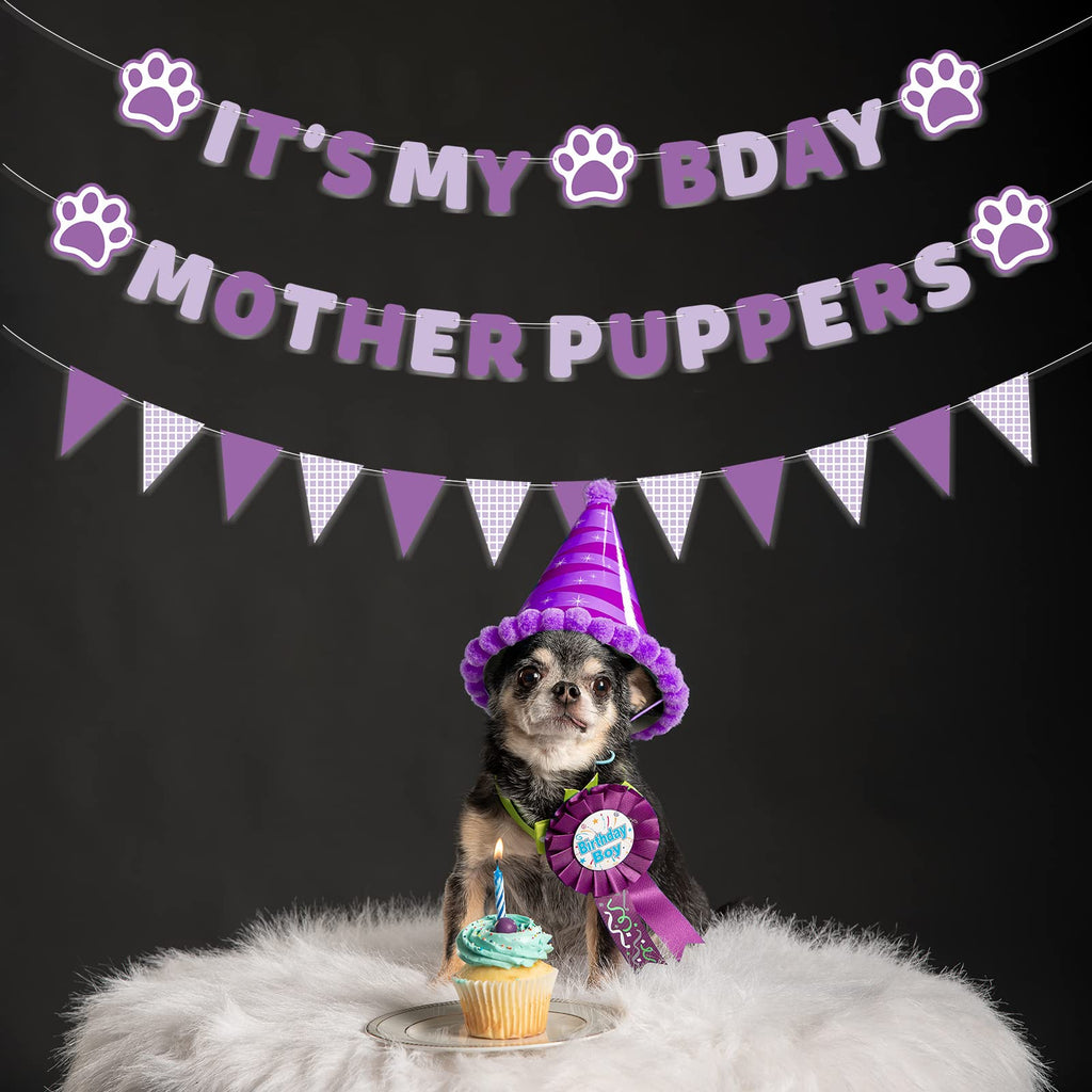 Vicycaty Dog Birthday Banner Set – Pre-Strung Purple Puppy Party Decorations with "MOTHER PUPPERS" & "IT'S MY BDAY" Banners, 26-Foot String, Reusable Cardboard Banners for Female Dog's Birthday (Dachshund or Any Dog)
