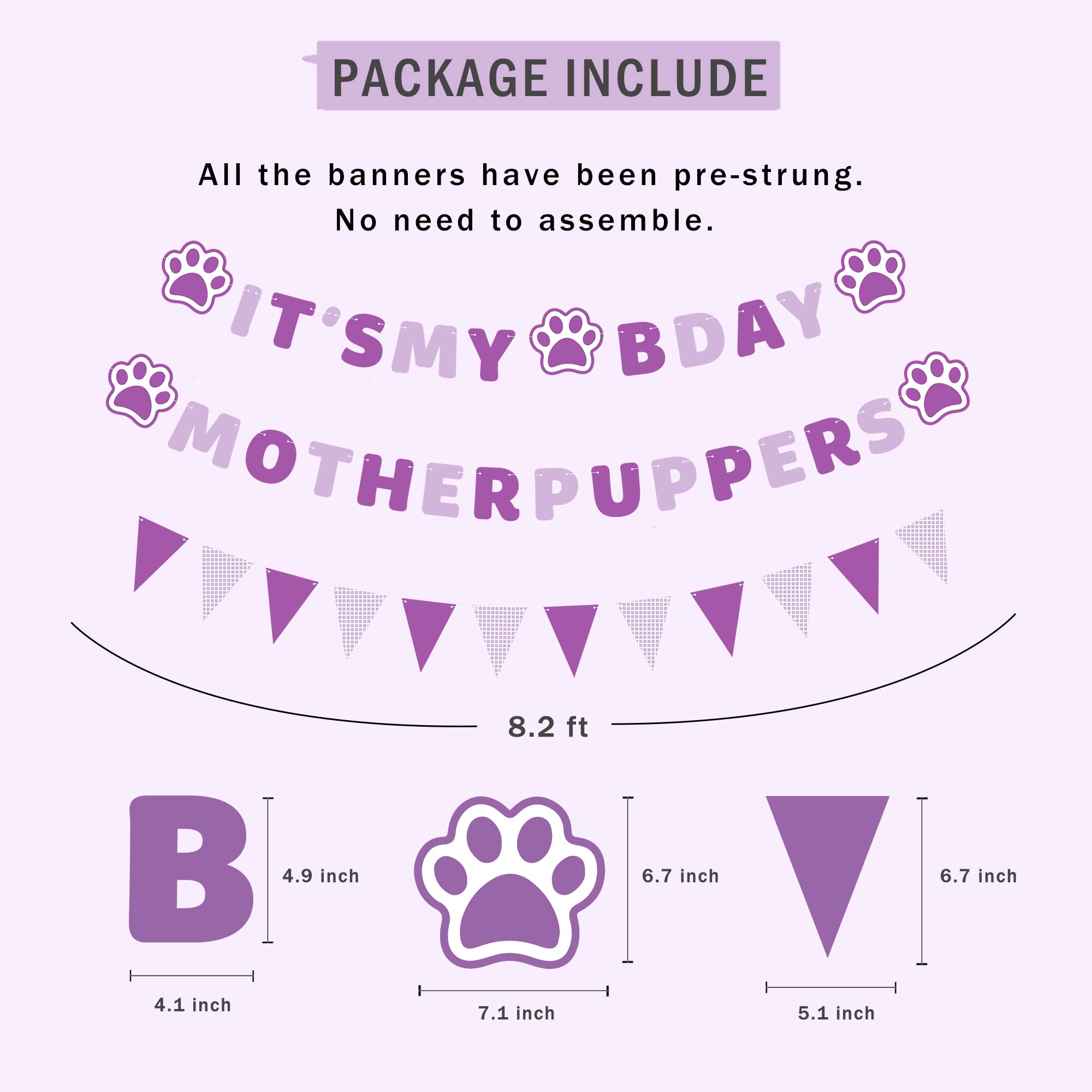 Vicycaty Dog Birthday Banner Set – Pre-Strung Purple Puppy Party Decorations with "MOTHER PUPPERS" & "IT'S MY BDAY" Banners, 26-Foot String, Reusable Cardboard Banners for Female Dog's Birthday (Dachshund or Any Dog)