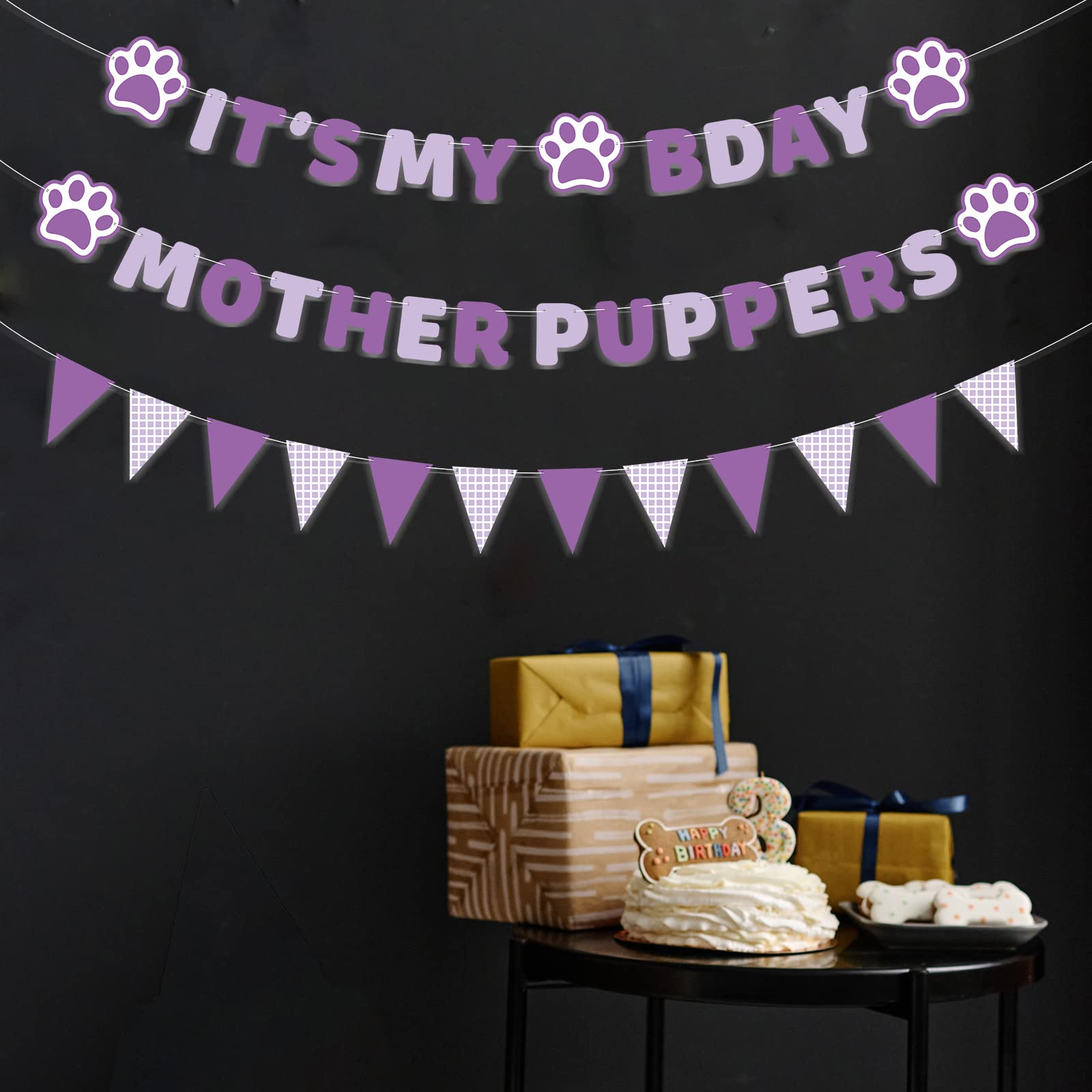 Vicycaty Dog Birthday Banner Set – Pre-Strung Purple Puppy Party Decorations with "MOTHER PUPPERS" & "IT'S MY BDAY" Banners, 26-Foot String, Reusable Cardboard Banners for Female Dog's Birthday (Dachshund or Any Dog)