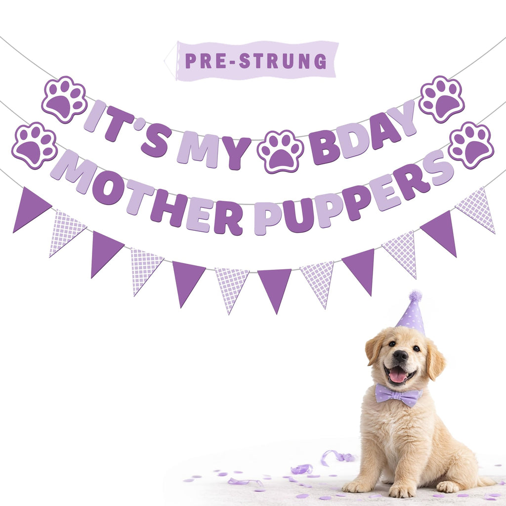 Vicycaty Dog Birthday Banner Set – Pre-Strung Purple Puppy Party Decorations with "MOTHER PUPPERS" & "IT'S MY BDAY" Banners, 26-Foot String, Reusable Cardboard Banners for Female Dog's Birthday (Dachshund or Any Dog)