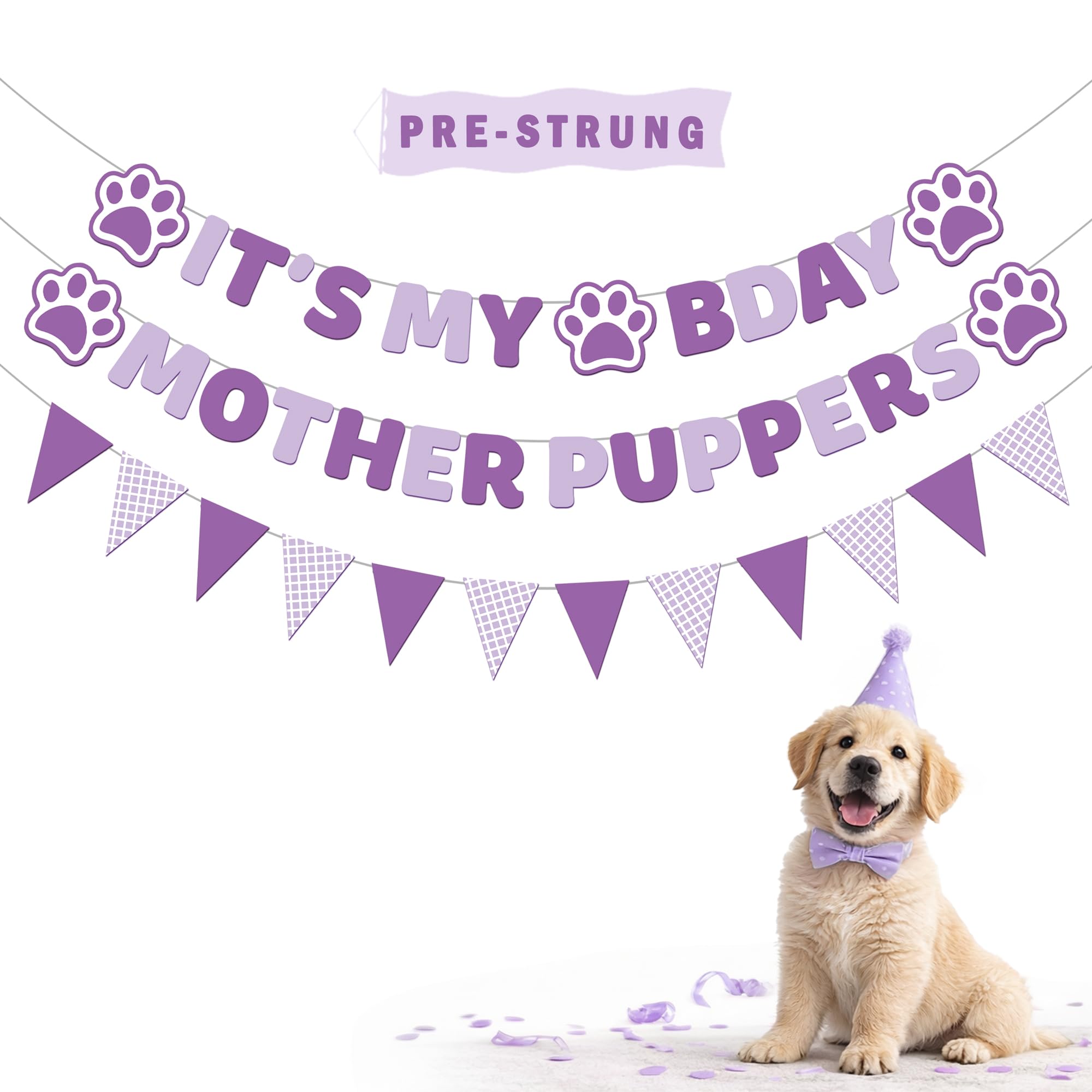 Vicycaty Dog Birthday Banner Set – Pre-Strung Purple Puppy Party Decorations with "MOTHER PUPPERS" & "IT'S MY BDAY" Banners, 26-Foot String, Reusable Cardboard Banners for Female Dog's Birthday (Dachshund or Any Dog)