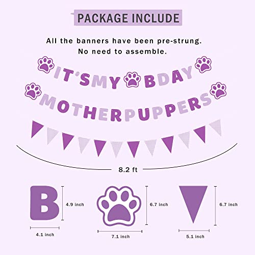 Vicycaty Dog Birthday Banner Set – Pre-Strung Purple Puppy Party Decorations with "MOTHER PUPPERS" & "IT'S MY BDAY" Banners, 26-Foot String, Reusable Cardboard Banners for Female Dog's Birthday (Dachshund or Any Dog)