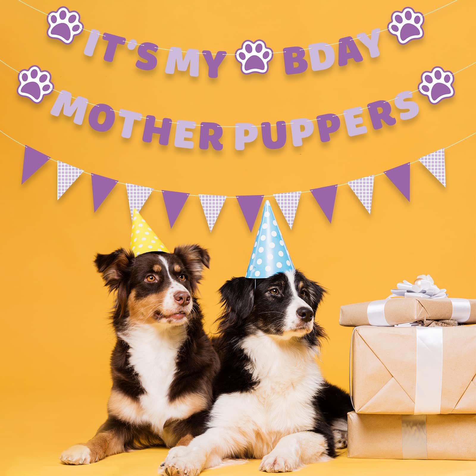 Vicycaty Dog Birthday Banner Set – Pre-Strung Purple Puppy Party Decorations with "MOTHER PUPPERS" & "IT'S MY BDAY" Banners, 26-Foot String, Reusable Cardboard Banners for Female Dog's Birthday (Dachshund or Any Dog)