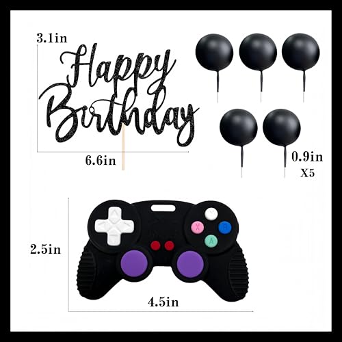 Video Game Cake Topper Set with 15 Balls, Controller & Happy Birthday Sign (Red) for Gaming Birthday Parties