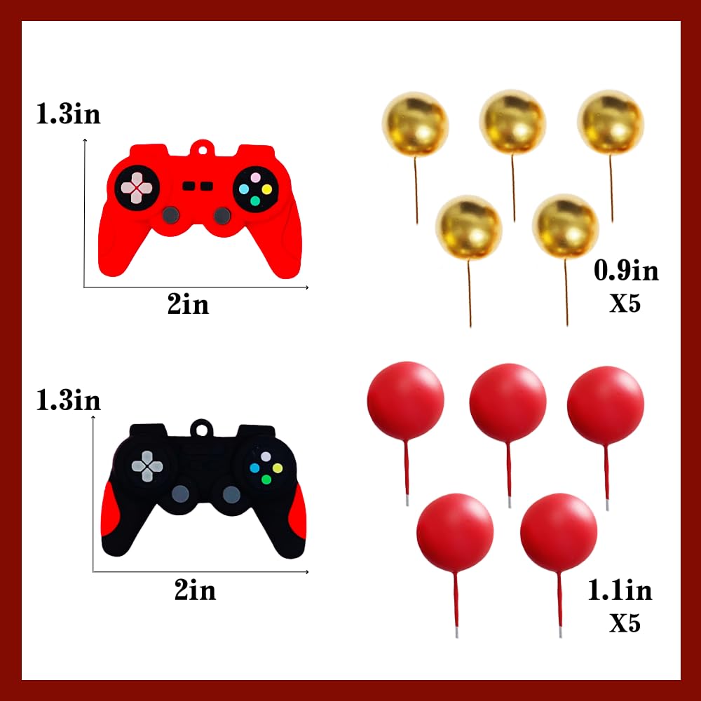 Video Game Cake Topper Set with 15 Balls, Controller & Happy Birthday Sign (Red) for Gaming Birthday Parties