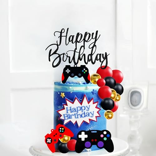 Video Game Cake Topper Set with 15 Balls, Controller & Happy Birthday Sign (Red) for Gaming Birthday Parties