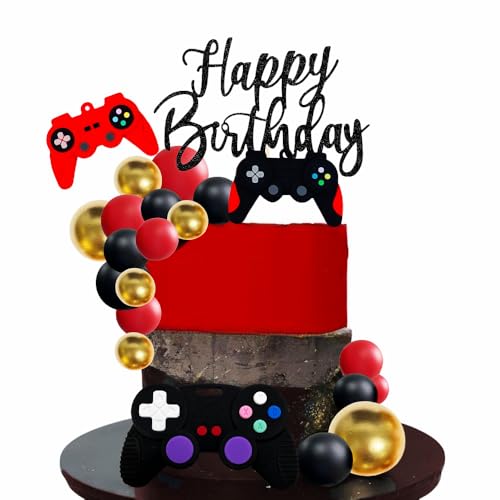 Video Game Cake Topper Set with 15 Balls, Controller & Happy Birthday Sign (Red) for Gaming Birthday Parties