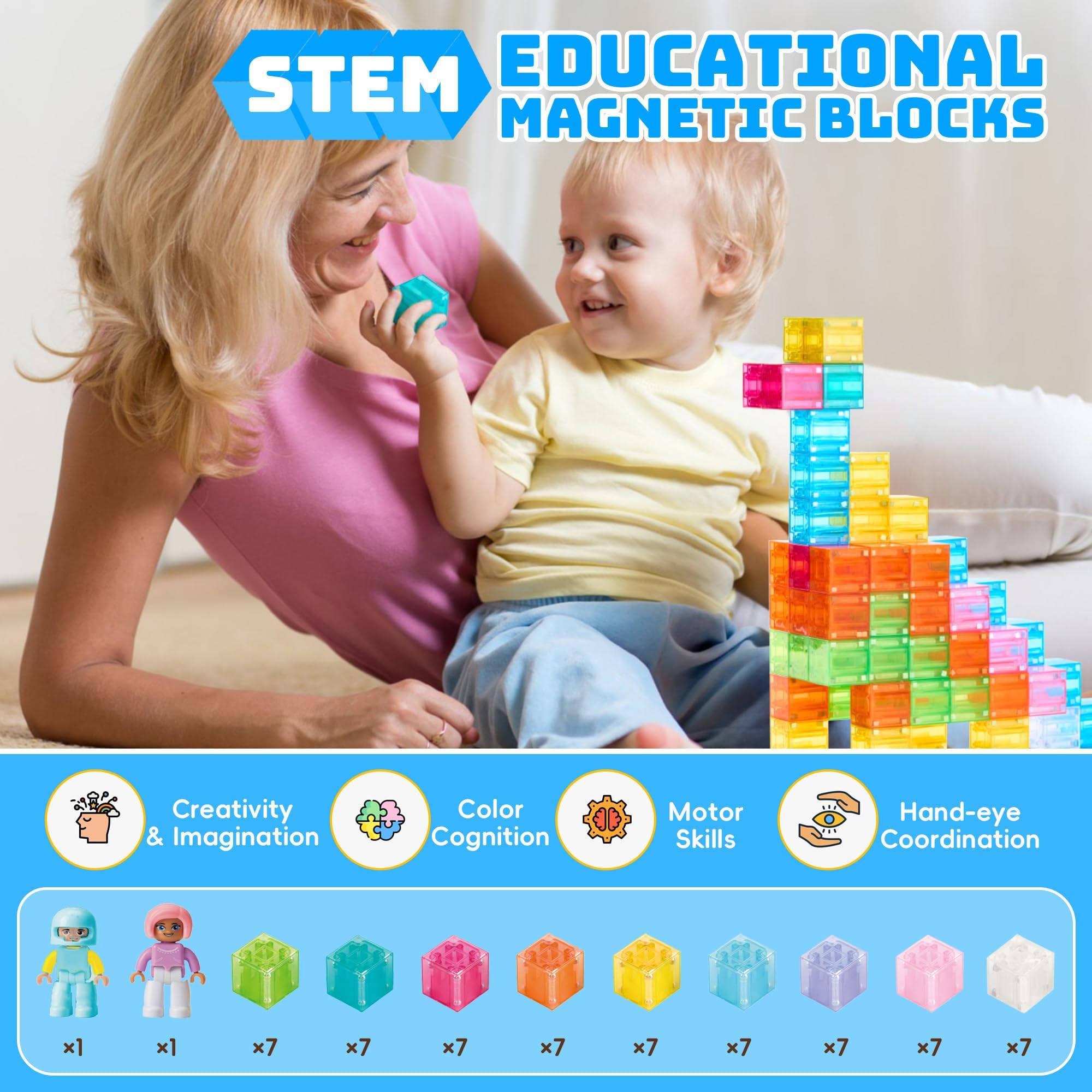 VigorFun 63-Piece Transparent Magnetic Blocks Set with Figurines and Storage Bag – STEM Learning Toy for Ages 3-12