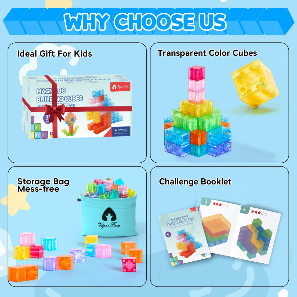 VigorFun 63-Piece Transparent Magnetic Blocks Set with Figurines and Storage Bag – STEM Learning Toy for Ages 3-12