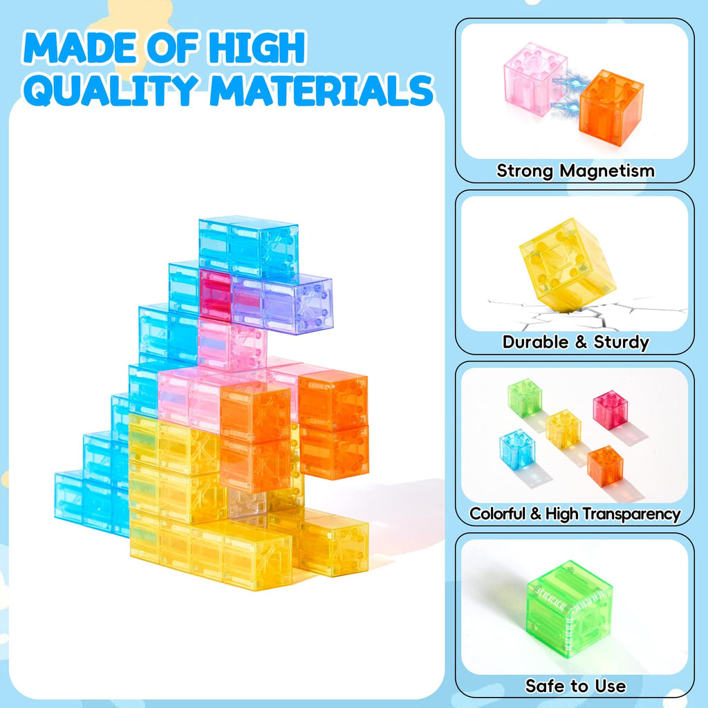 VigorFun 63-Piece Transparent Magnetic Blocks Set with Figurines and Storage Bag – STEM Learning Toy for Ages 3-12