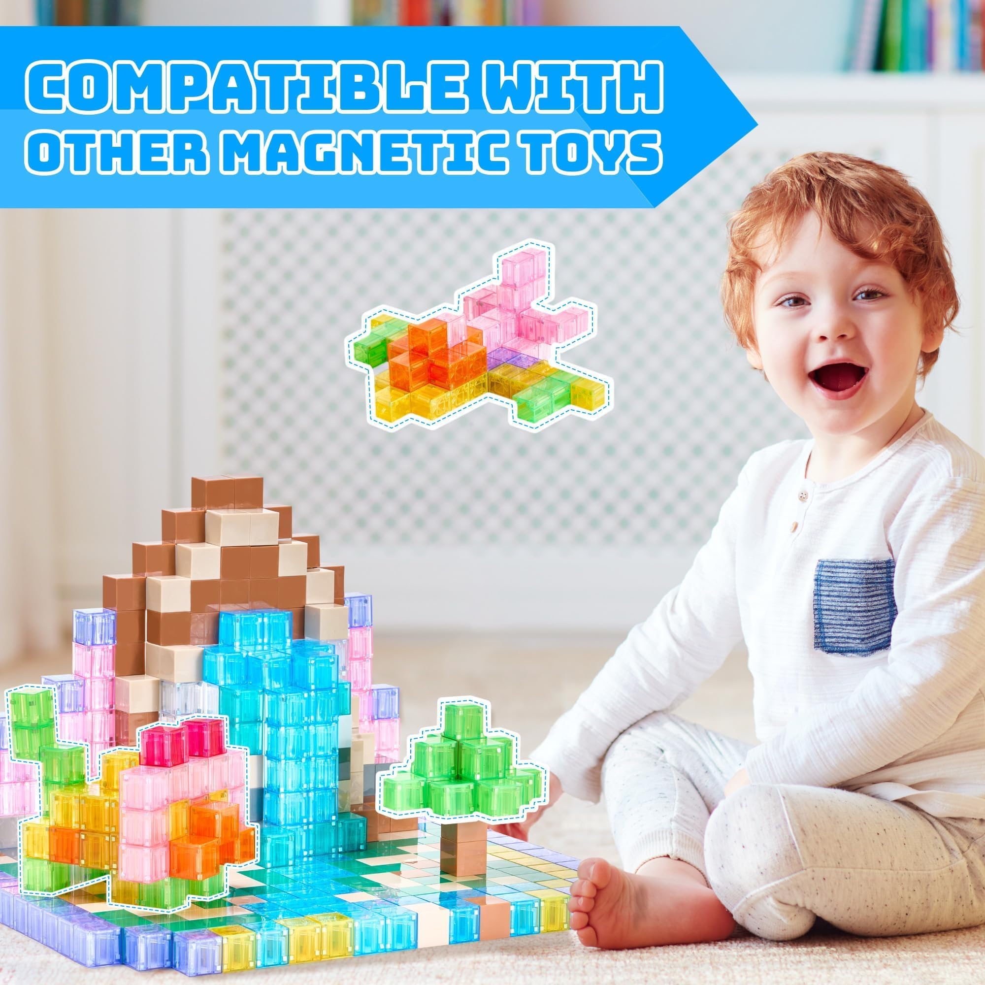 VigorFun 63-Piece Transparent Magnetic Blocks Set with Figurines and Storage Bag – STEM Learning Toy for Ages 3-12