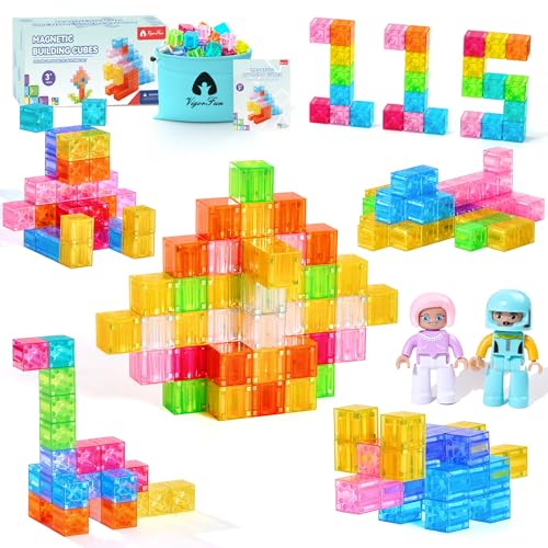 VigorFun 63-Piece Transparent Magnetic Blocks Set with Figurines and Storage Bag – STEM Learning Toy for Ages 3-12