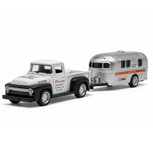VIIGER Diecast Metal Pickup Truck and Camper Set – Pull-Back Toy with Detachable RV, White and Silver