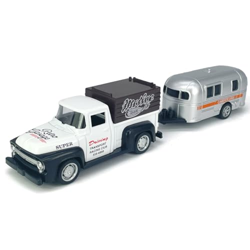VIIGER Diecast Metal Pickup Truck and Camper Set – Pull-Back Toy with Detachable RV, White and Silver