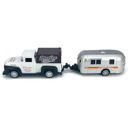 VIIGER Diecast Metal Pickup Truck and Camper Set – Pull-Back Toy with Detachable RV, White and Silver