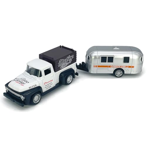 VIIGER Diecast Metal Pickup Truck and Camper Set – Pull-Back Toy with Detachable RV, White and Silver
