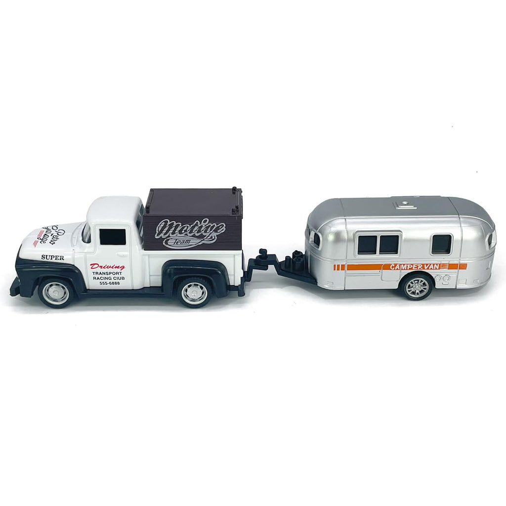 VIIGER Diecast Metal Pickup Truck and Camper Set – Pull-Back Toy with Detachable RV, White and Silver