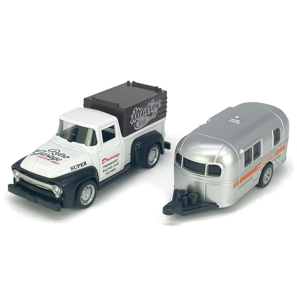 VIIGER Diecast Metal Pickup Truck and Camper Set – Pull-Back Toy with Detachable RV, White and Silver