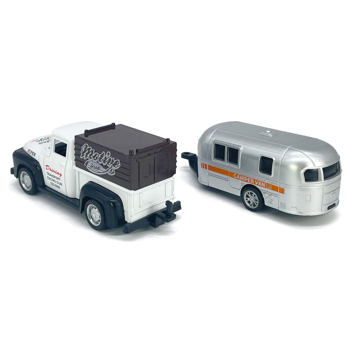 VIIGER Diecast Metal Pickup Truck and Camper Set – Pull-Back Toy with Detachable RV, White and Silver