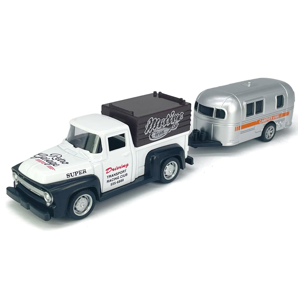 VIIGER Diecast Metal Pickup Truck and Camper Toy – Pull-Back, Detachable, White & Silver, for Kids 3-7