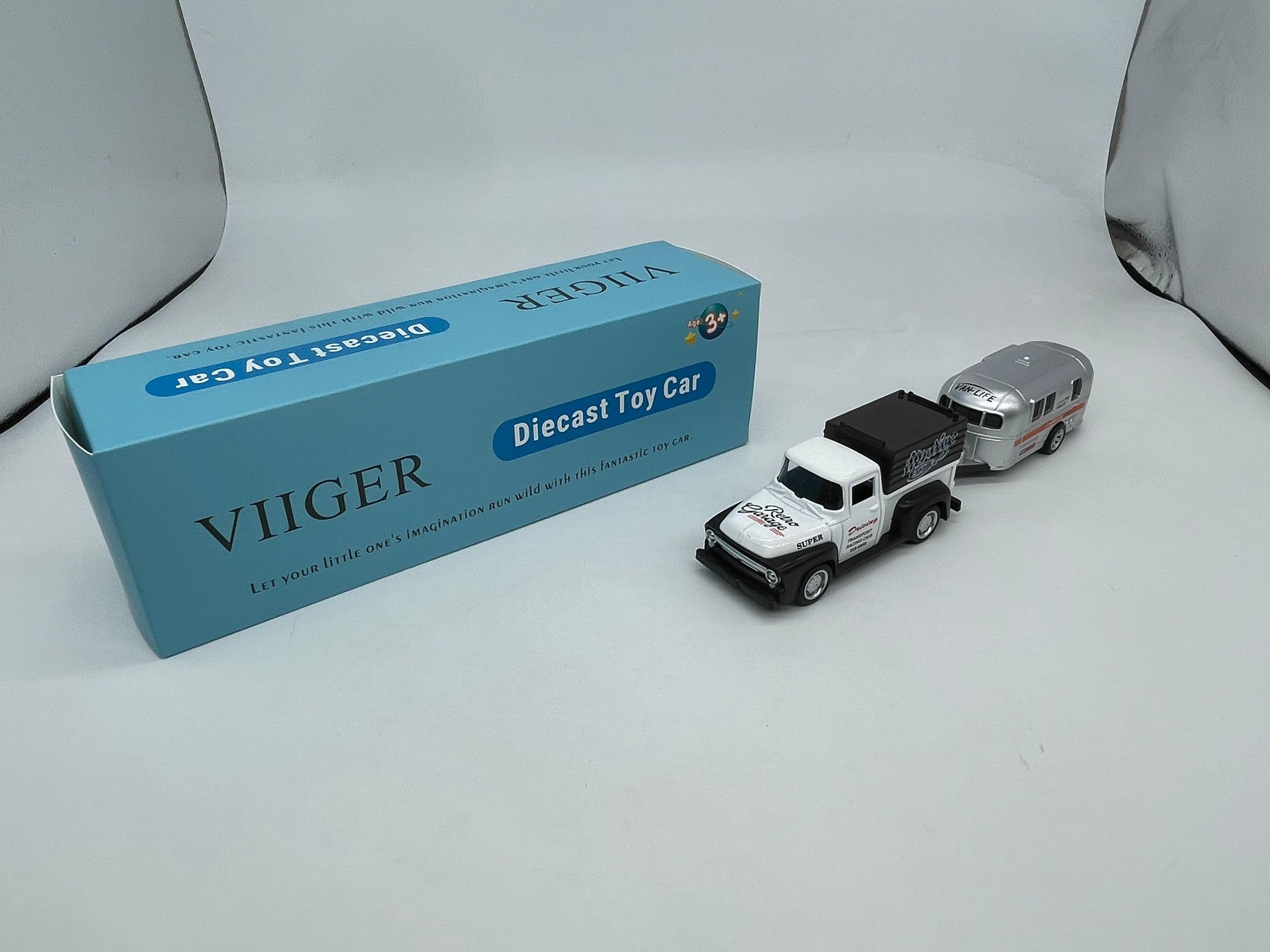VIIGER Diecast Metal Pickup Truck and Camper Toy – Pull-Back, Detachable, White & Silver, for Kids 3-7