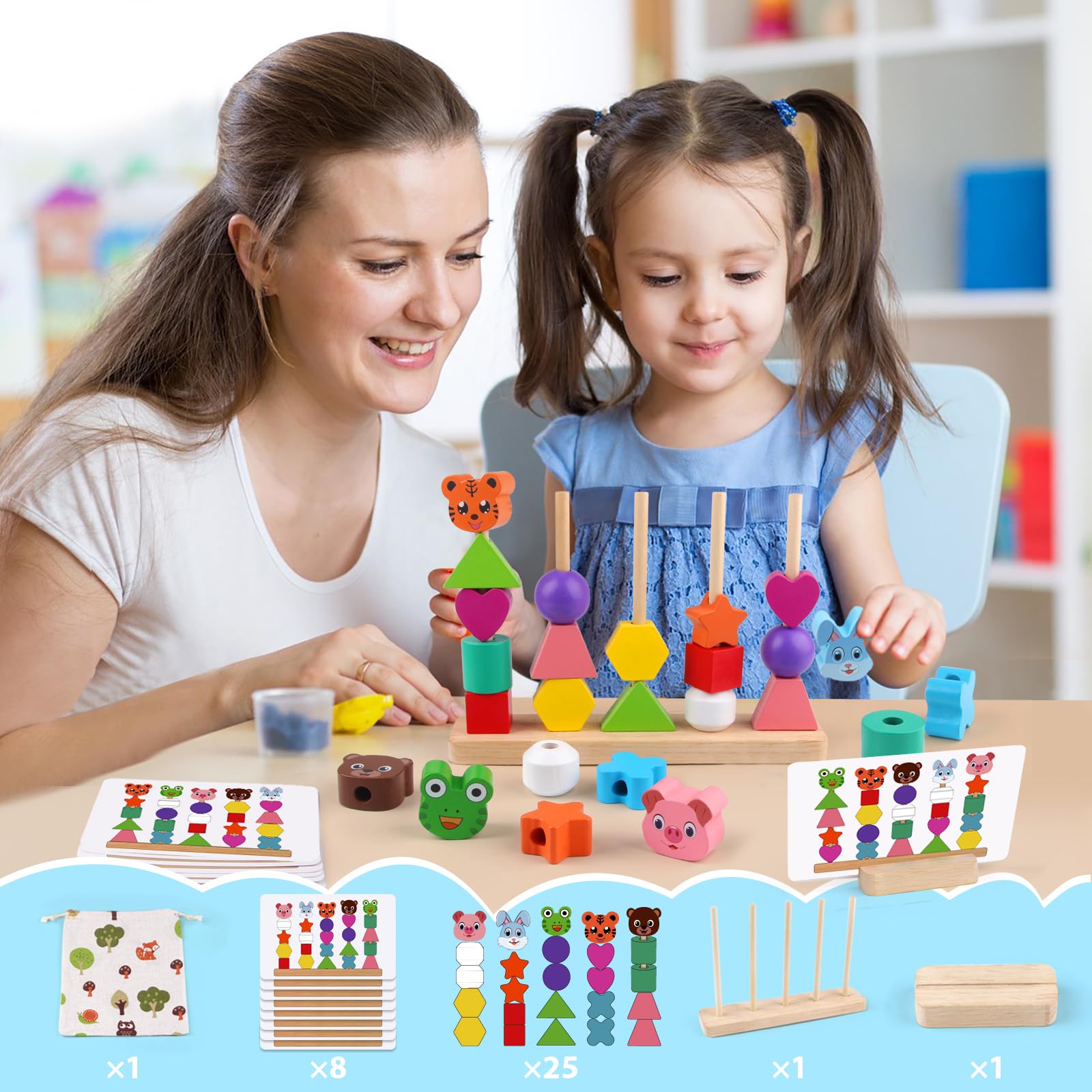 Vinlon Montessori Bead Sequencing Set - Shape Sorting & Stacking Toy for Toddlers 2-5 Years