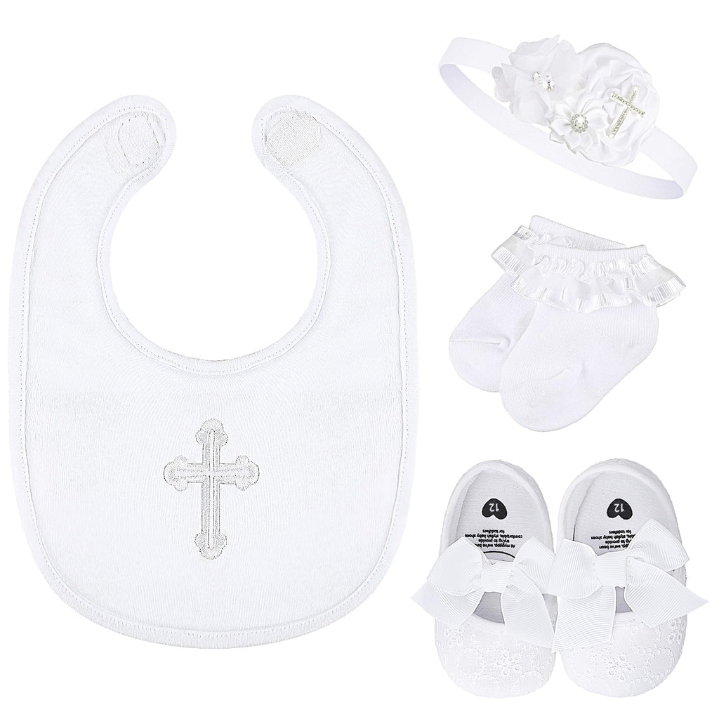 Vinsatin 4-Piece Baby Girl Baptism and Christening Outfit Set with Bib, Shoes, Socks, and Headband